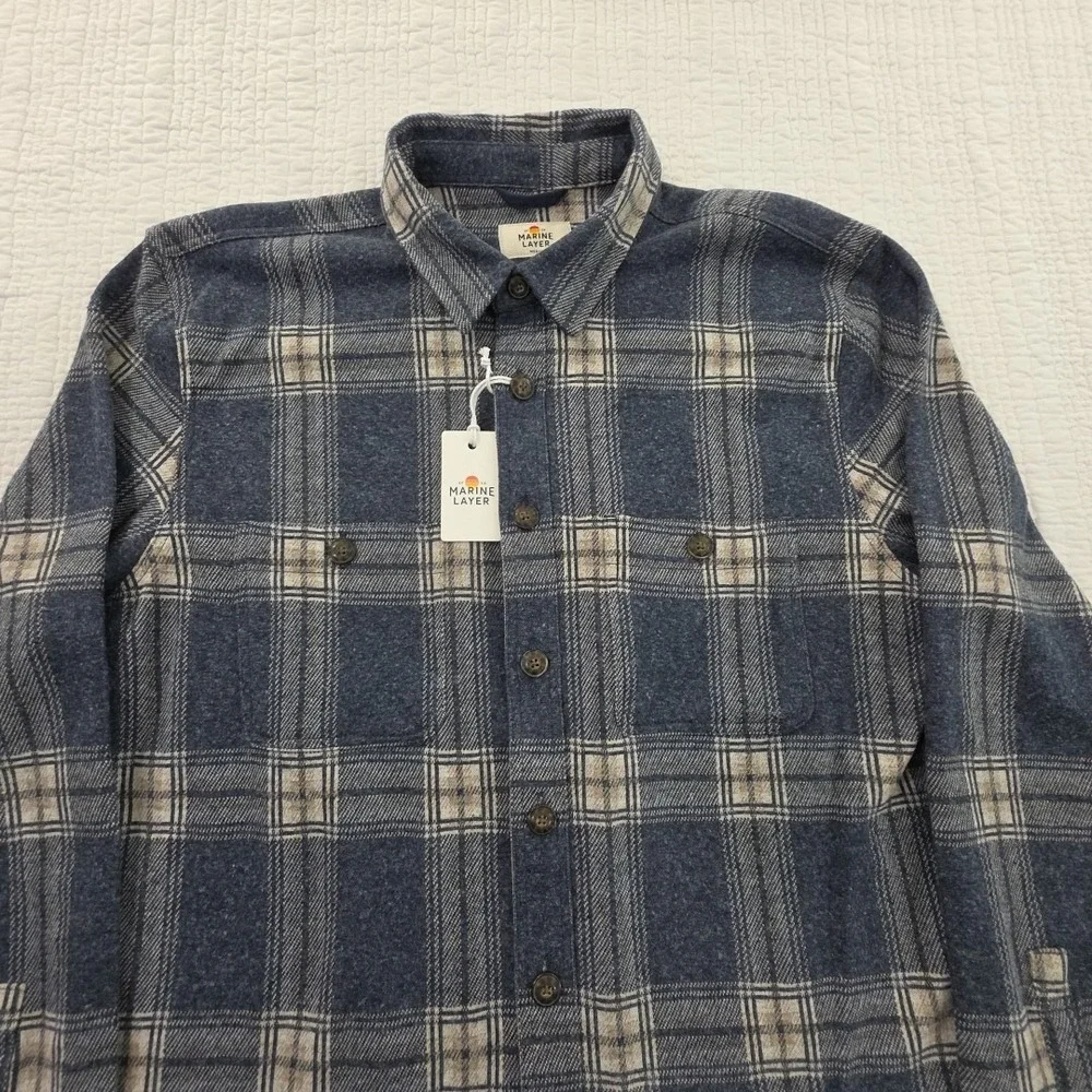 Marine Layer Pacifica Stretch Twill Shirt Mens Medium Blue Plaid $148 NWT NEW